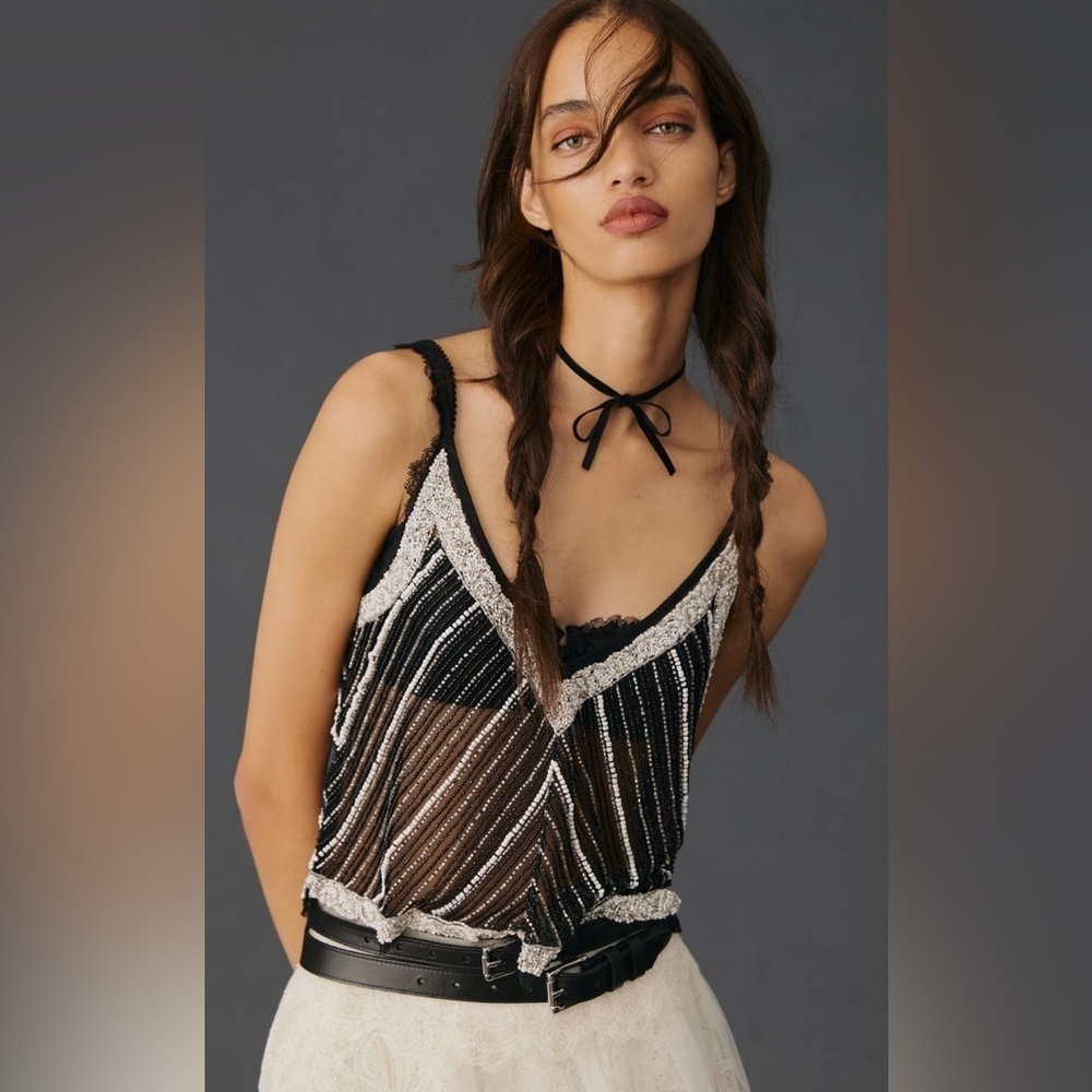 Anthropologie Beaded Embellished Cami NWT Black Metallic Stripe Statement M/L